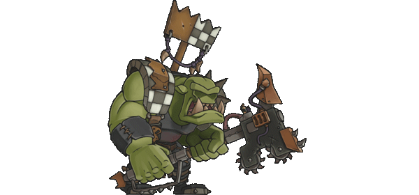 Ork Nob intimidating enemy with axe in hand